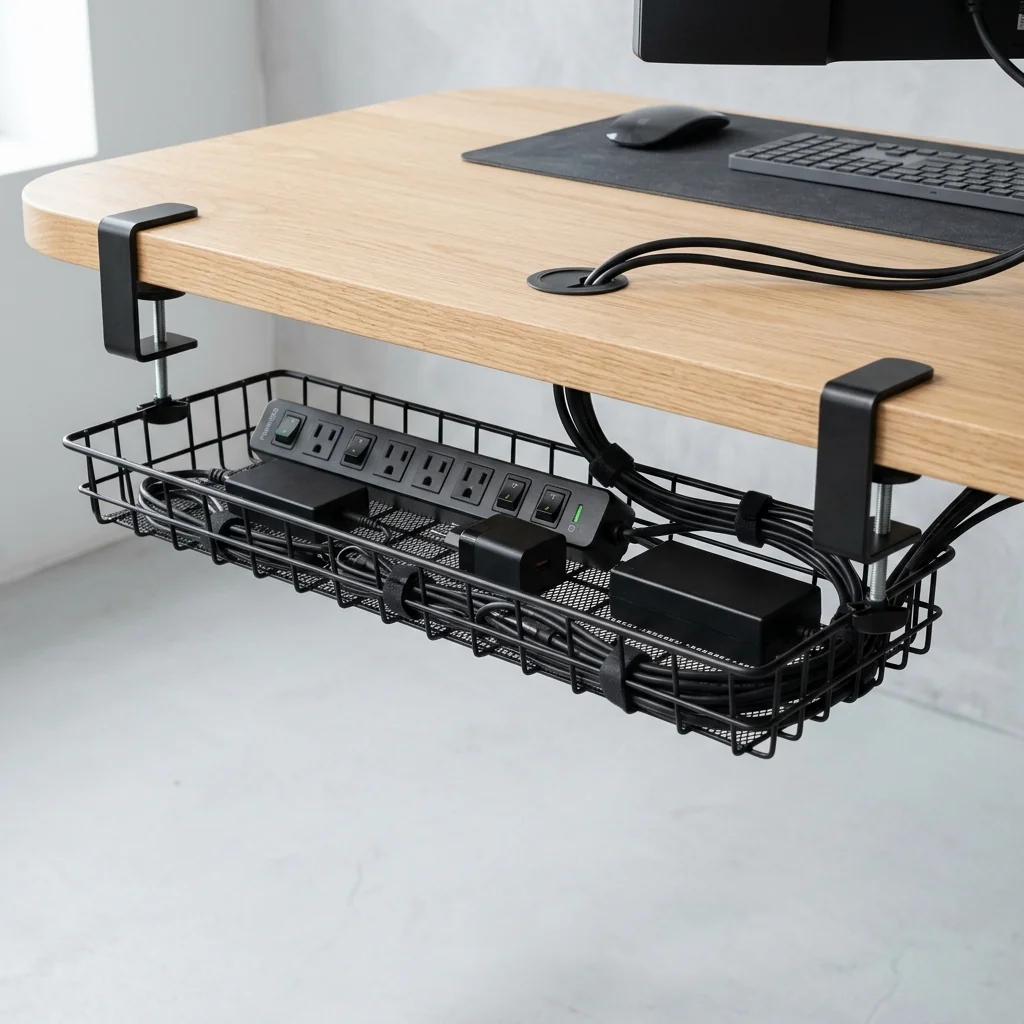Clamp on non drill cable management tray for home office standing desk