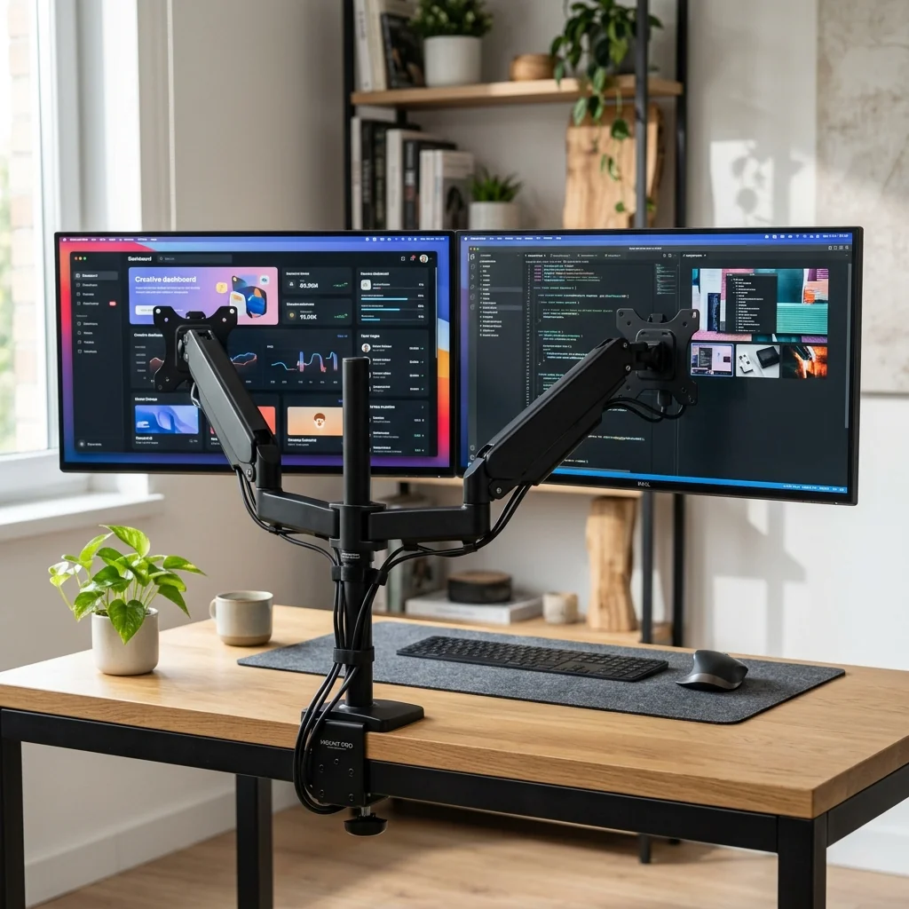 Heavy duty gas spring monitor arm mounted to wooden desk